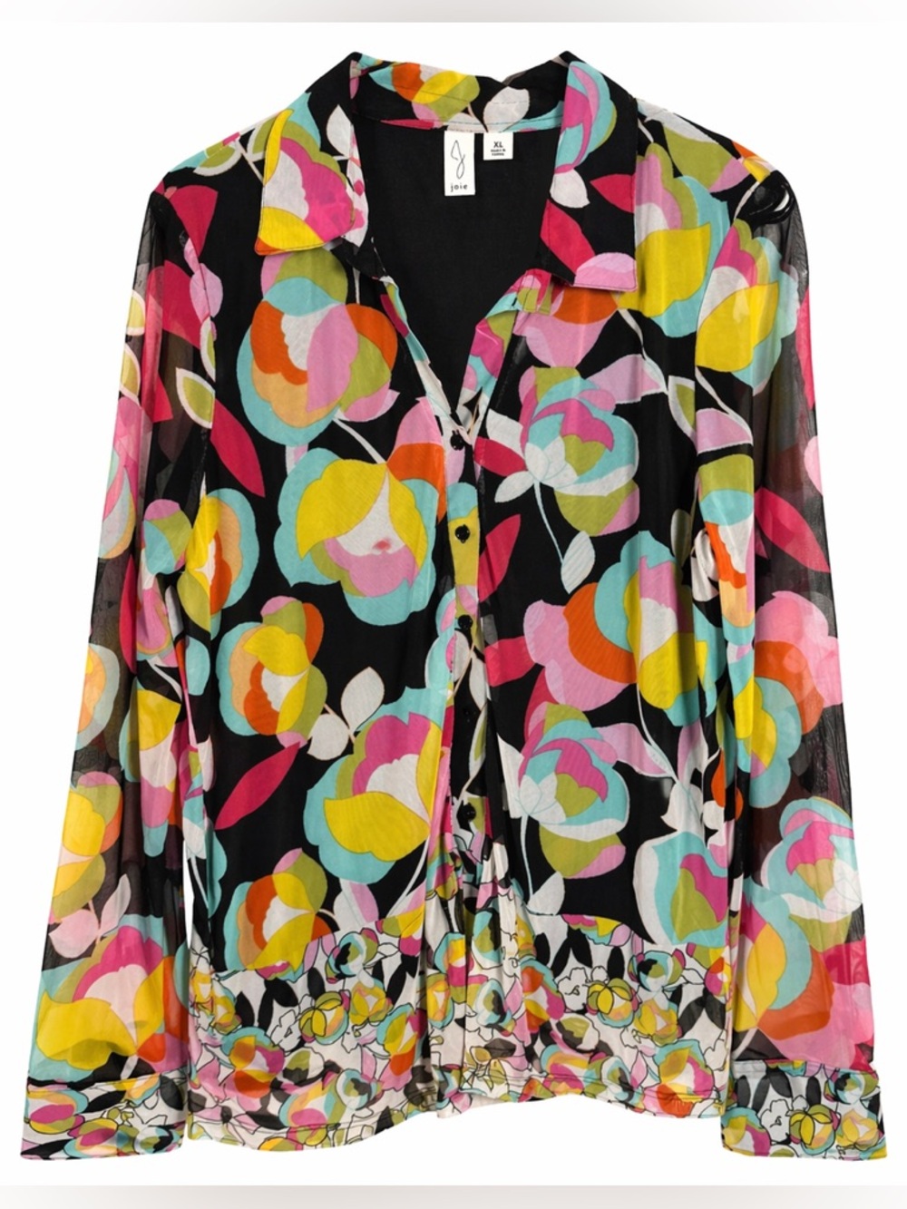 Joie Sheer Floral Mesh Blouse Size LG Boho Button Front Top